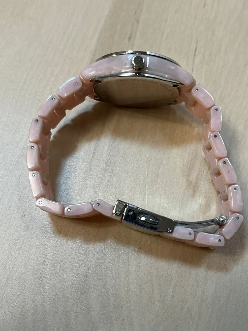 Fossil ES2688 Pave Bezel White Face Analog Watch & Pink Pearly Plastic Band